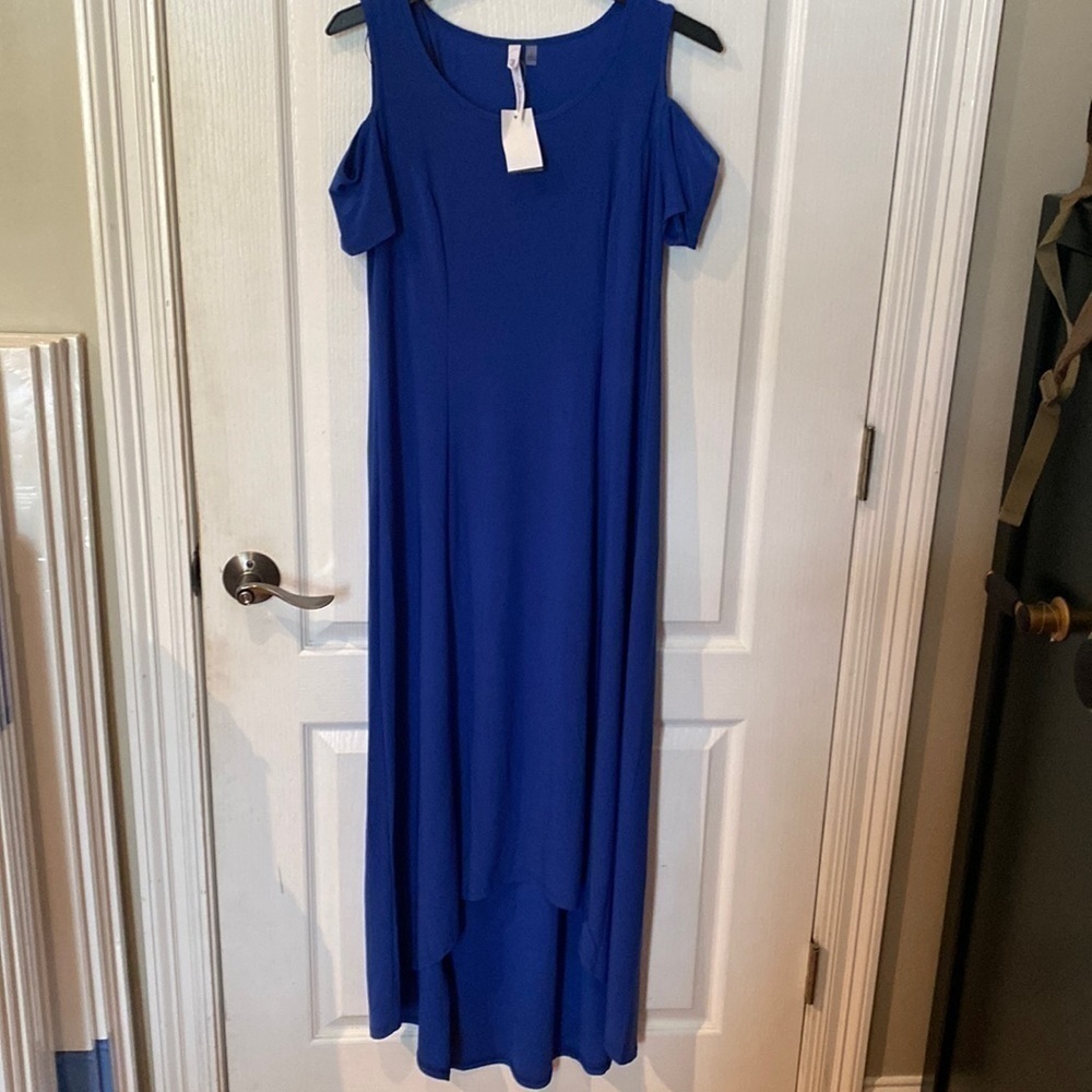NY collection size S royal blue short sleeve cold shoulder Hi low maxi dress NWT